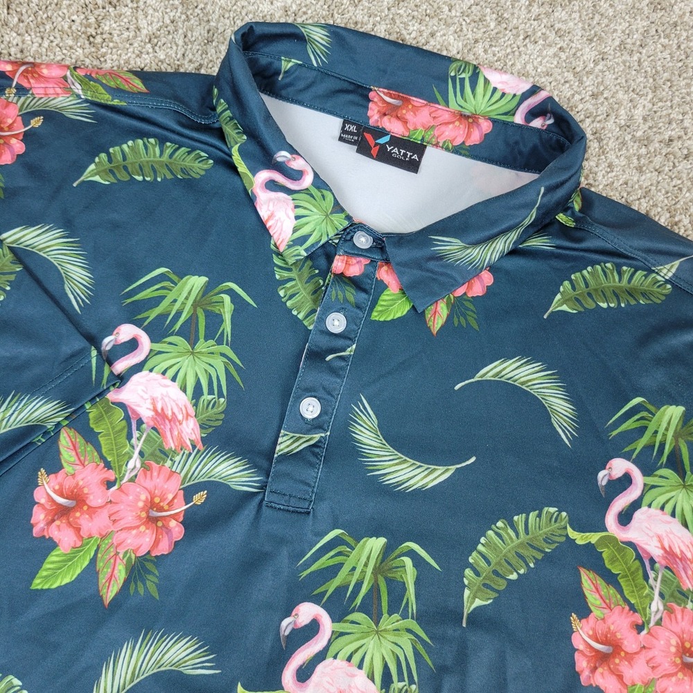 Yatta Golf Mens 2XL Green AOP‎ Floral Flamingo Performance Stretch Polo SS